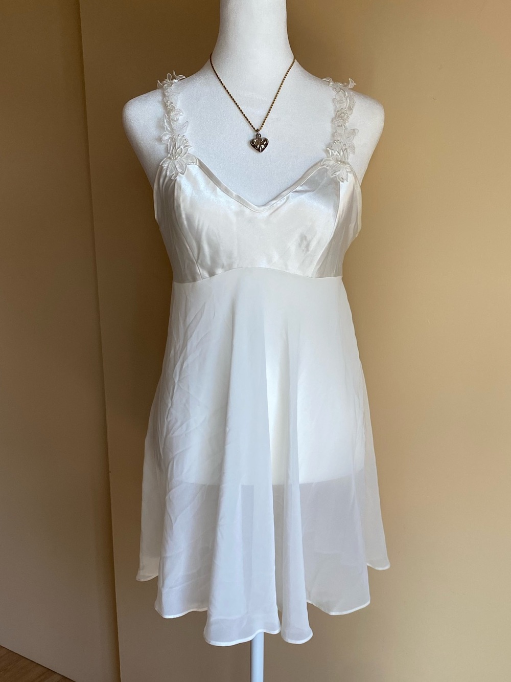 Champagne Satin Chiffon Chemise Lace Nightgown Coquette Slip S